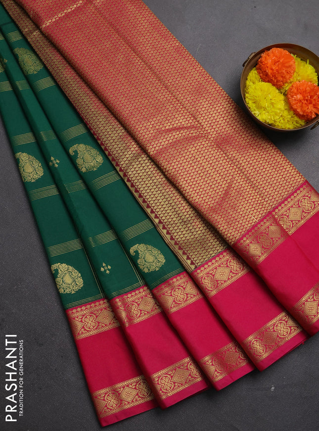 Semi kanchipuram silk saree green and pink with allover zari checks & buttas and rettapet zari woven korvai border