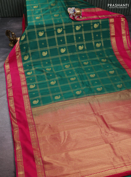 Semi kanchipuram silk saree green and pink with allover zari checks & buttas and rettapet zari woven korvai border
