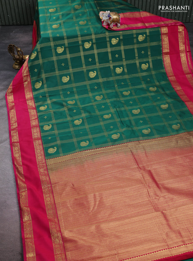 Semi kanchipuram silk saree green and pink with allover zari checks & buttas and rettapet zari woven korvai border
