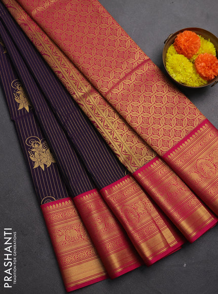 Semi kanchipuram silk saree deep violet and pink with allover zari weaves & buttas and long rich zari woven korvai border