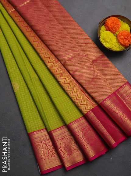 Semi kanchipuram silk saree lime green and pink with allover zari checks & buttas and zari woven korvai border