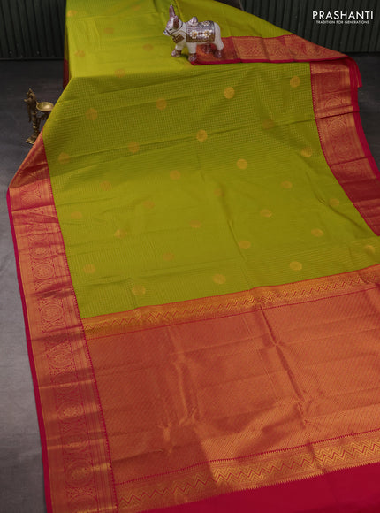 Semi kanchipuram silk saree lime green and pink with allover zari checks & buttas and zari woven korvai border