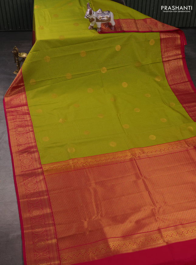 Semi kanchipuram silk saree lime green and pink with allover zari checks & buttas and zari woven korvai border