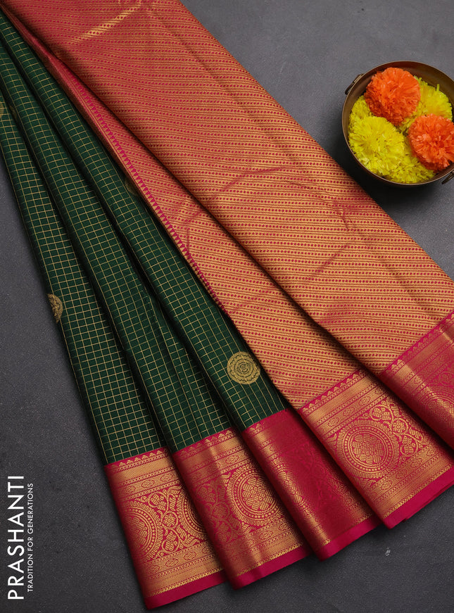 Semi kanchipuram silk saree green and pink with allover zari checks & buttas and zari woven korvai border