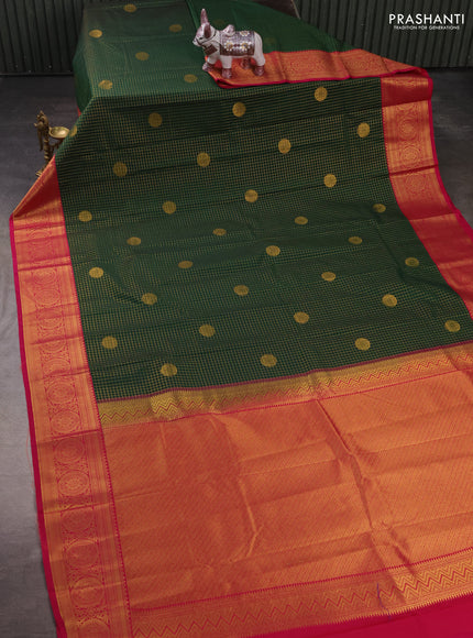 Semi kanchipuram silk saree green and pink with allover zari checks & buttas and zari woven korvai border