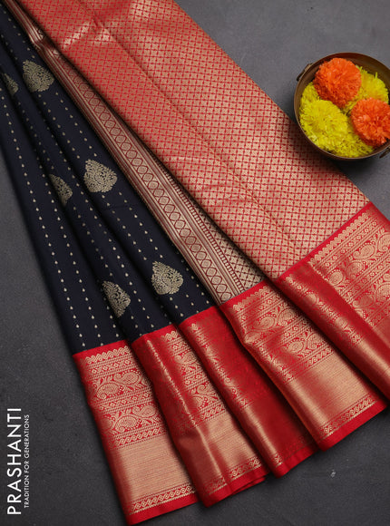 Semi kanchipuram silk saree dark navy blue and red with allover zari woven 1000 buttas and long rich zari woven korvai border
