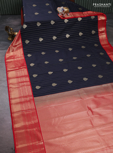 Semi kanchipuram silk saree dark navy blue and red with allover zari woven 1000 buttas and long rich zari woven korvai border