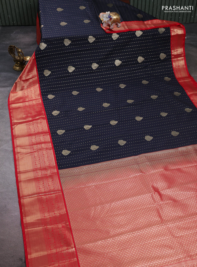 Semi kanchipuram silk saree dark navy blue and red with allover zari woven 1000 buttas and long rich zari woven korvai border