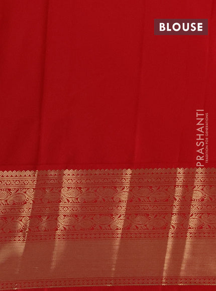Semi kanchipuram silk saree mild teal green and red with allover zari woven 1000 buttas and long rich zari woven korvai border