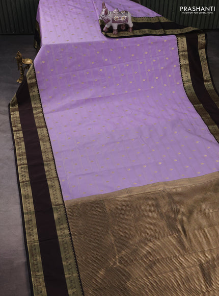 Semi kanchipuram silk saree lavender and coffee brown with allover zari weaves & buttas and rettapet zari woven korvai border