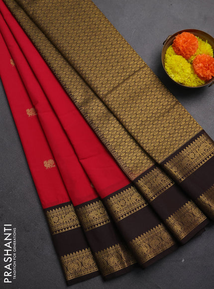 Semi kanchipuram silk saree red and coffee brown with zari woven buttas and rettapet zari woven korvai border