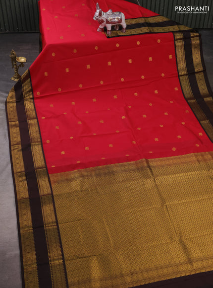 Semi kanchipuram silk saree red and coffee brown with zari woven buttas and rettapet zari woven korvai border