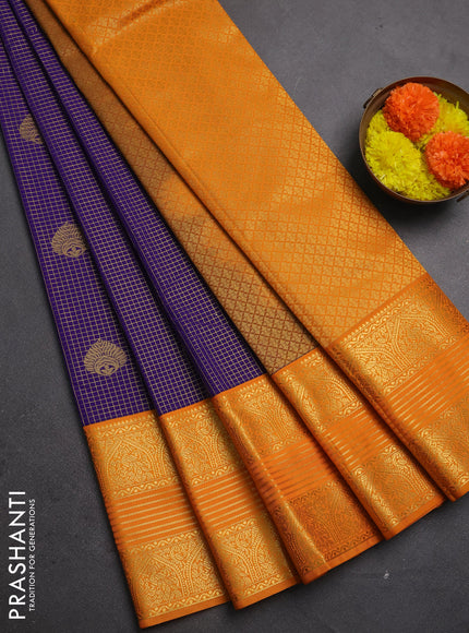 Semi kanchipuram silk saree violet and mustard yellow with allover zari checks & buttas and long zari woven korvai border