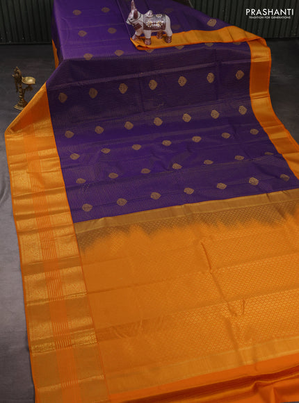 Semi kanchipuram silk saree violet and mustard yellow with allover zari checks & buttas and long zari woven korvai border