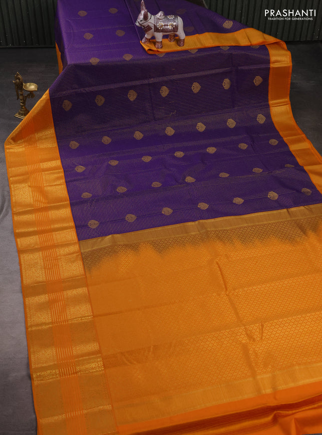 Semi kanchipuram silk saree violet and mustard yellow with allover zari checks & buttas and long zari woven korvai border