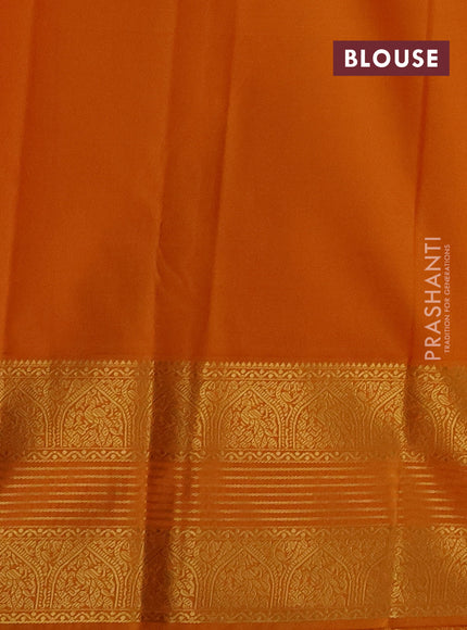 Semi kanchipuram silk saree violet and mustard yellow with allover zari checks & buttas and long zari woven korvai border