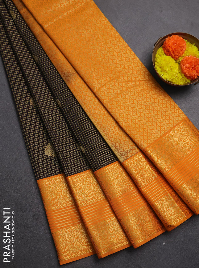 Semi kanchipuram silk saree black and mustard yellow with allover zari checks & buttas and long zari woven korvai border