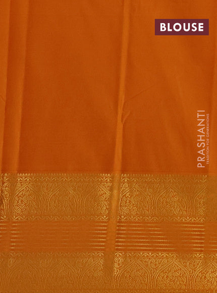 Semi kanchipuram silk saree black and mustard yellow with allover zari checks & buttas and long zari woven korvai border