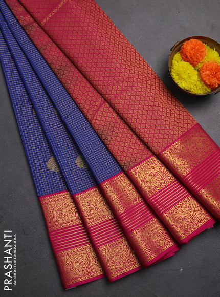 Semi kanchipuram silk saree blue and pink with allover zari checks & buttas and long zari woven korvai border