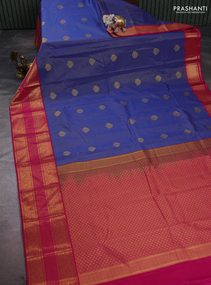Semi kanchipuram silk saree blue and pink with allover zari checks & buttas and long zari woven korvai border