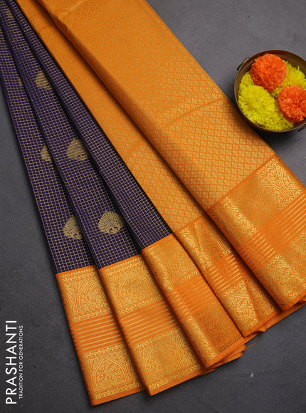 Semi kanchipuram silk saree navy blue and mustard yellow with allover zari checks & buttas and long zari woven korvai border