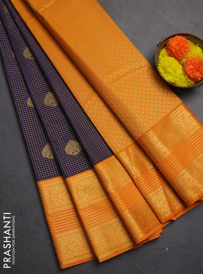 Semi kanchipuram silk saree navy blue and mustard yellow with allover zari checks & buttas and long zari woven korvai border