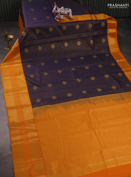 Semi kanchipuram silk saree navy blue and mustard yellow with allover zari checks & buttas and long zari woven korvai border