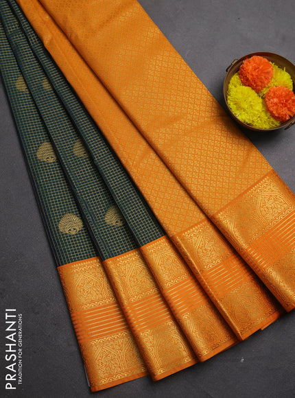 Semi kanchipuram silk saree peacock green and mustard yellow with allover zari checks & buttas and long zari woven korvai border