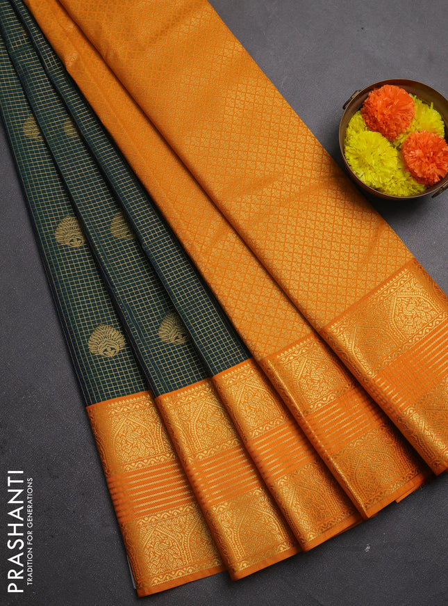 Semi kanchipuram silk saree peacock green and mustard yellow with allover zari checks & buttas and long zari woven korvai border