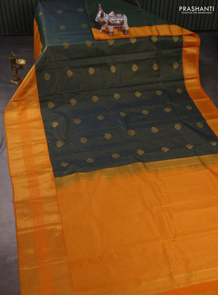 Semi kanchipuram silk saree peacock green and mustard yellow with allover zari checks & buttas and long zari woven korvai border