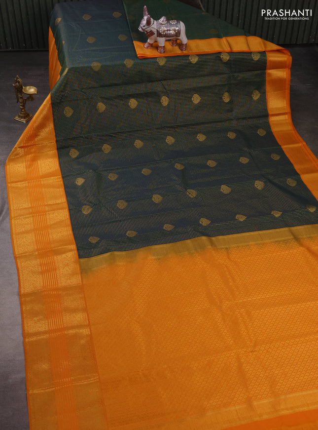 Semi kanchipuram silk saree peacock green and mustard yellow with allover zari checks & buttas and long zari woven korvai border