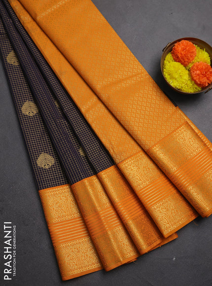 Semi kanchipuram silk saree navy blue and mustard yellow with allover zari checks & buttas and long zari woven korvai border