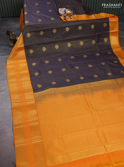 Semi kanchipuram silk saree navy blue and mustard yellow with allover zari checks & buttas and long zari woven korvai border