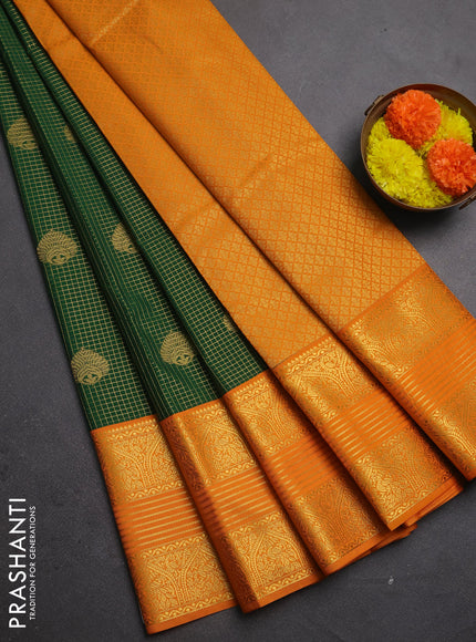 Semi kanchipuram silk saree green and mustard yellow with allover zari checks & buttas and long zari woven korvai border
