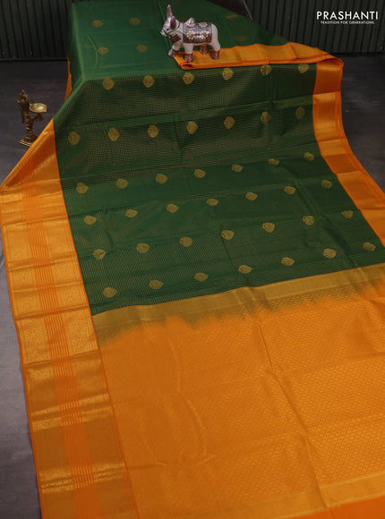 Semi kanchipuram silk saree green and mustard yellow with allover zari checks & buttas and long zari woven korvai border