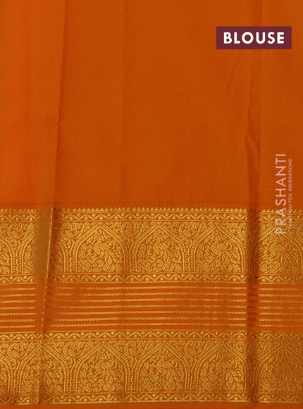 Semi kanchipuram silk saree green and mustard yellow with allover zari checks & buttas and long zari woven korvai border