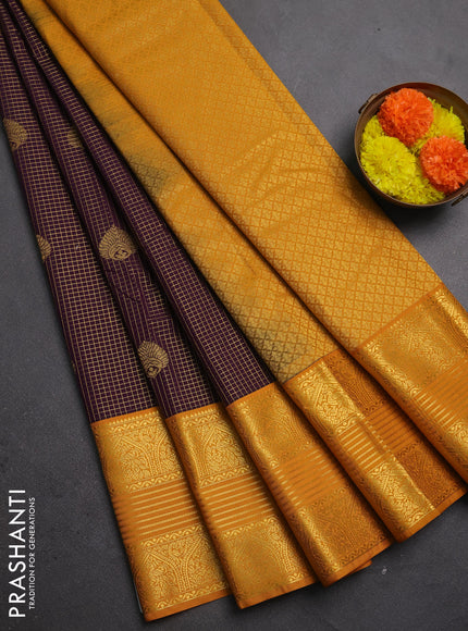 Semi kanchipuram silk saree wine shade and mustard yellow with allover zari checks & buttas and long zari woven korvai border