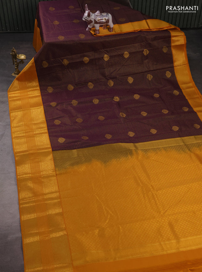 Semi kanchipuram silk saree wine shade and mustard yellow with allover zari checks & buttas and long zari woven korvai border