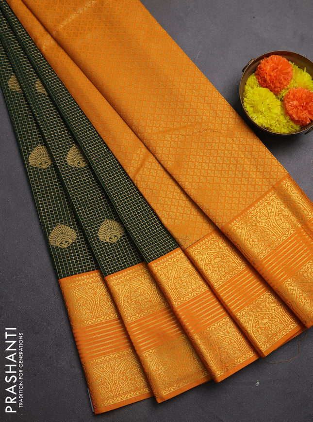 Semi kanchipuram silk saree bottle green and mango yellow with allover small zari checks & buttas and long zari woven border