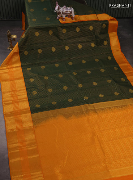 Semi kanchipuram silk saree bottle green and mango yellow with allover small zari checks & buttas and long zari woven border
