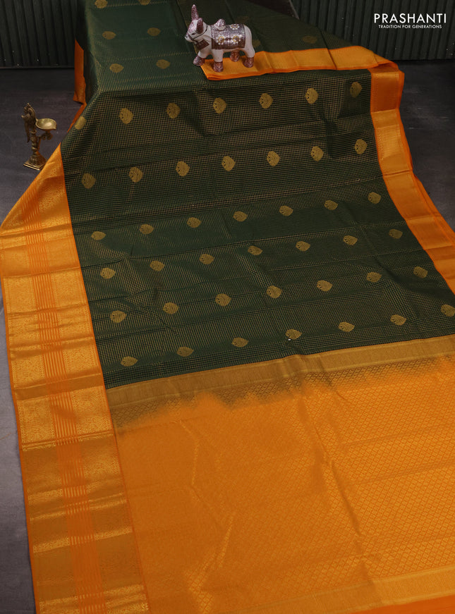 Semi kanchipuram silk saree bottle green and mango yellow with allover small zari checks & buttas and long zari woven border