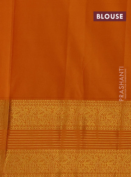 Semi kanchipuram silk saree bottle green and mango yellow with allover small zari checks & buttas and long zari woven border
