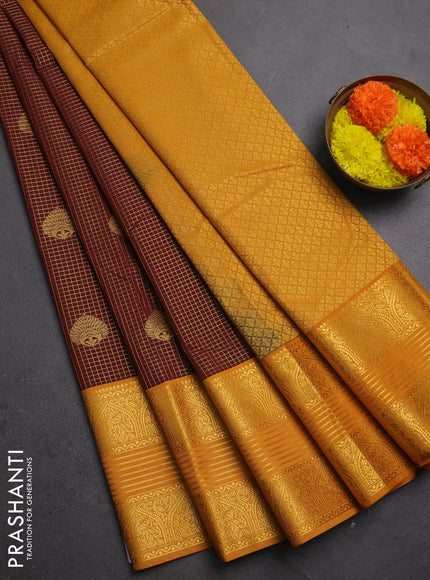Semi kanchipuram silk saree deep maroon and mustard yellow with allover small zari checks & buttas and long zari woven border
