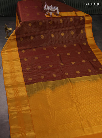 Semi kanchipuram silk saree deep maroon and mustard yellow with allover small zari checks & buttas and long zari woven border