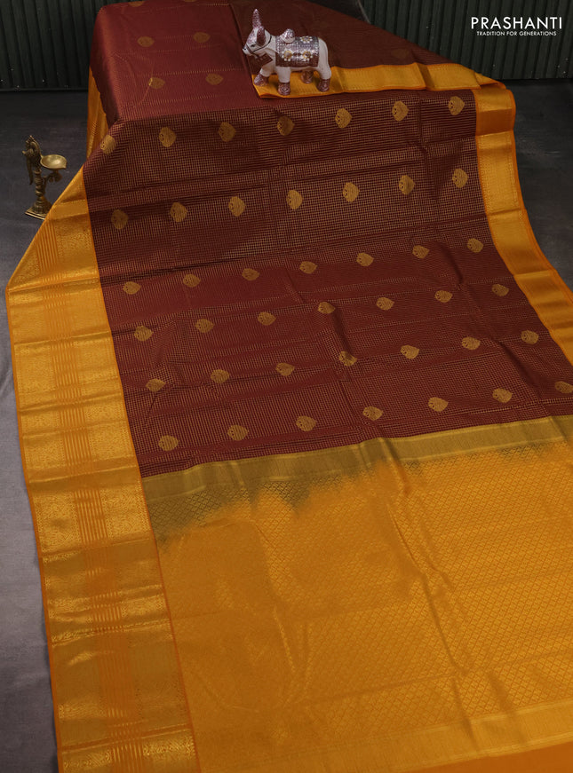 Semi kanchipuram silk saree deep maroon and mustard yellow with allover small zari checks & buttas and long zari woven border