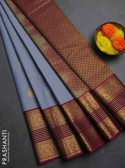 Semi kanchipuram silk saree bluish grey and magenta pink with allover small zari checks & buttas and long zari woven border