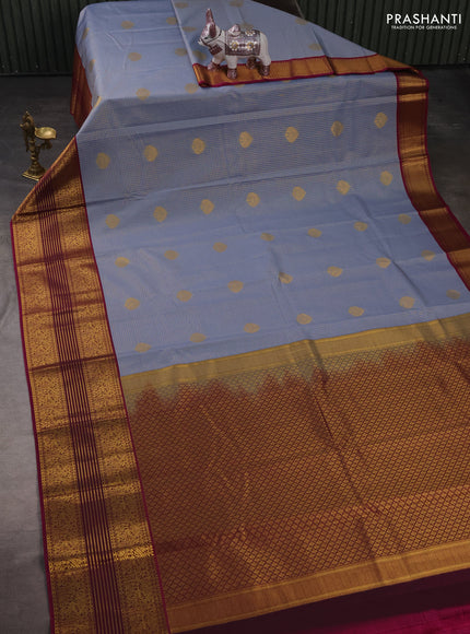 Semi kanchipuram silk saree bluish grey and magenta pink with allover small zari checks & buttas and long zari woven border