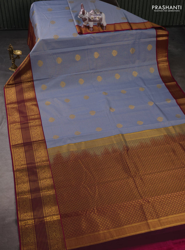 Semi kanchipuram silk saree bluish grey and magenta pink with allover small zari checks & buttas and long zari woven border