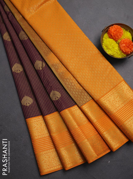 Semi kanchipuram silk saree deep wine shade and mustard yellow with allover small zari checks & buttas and zari woven border