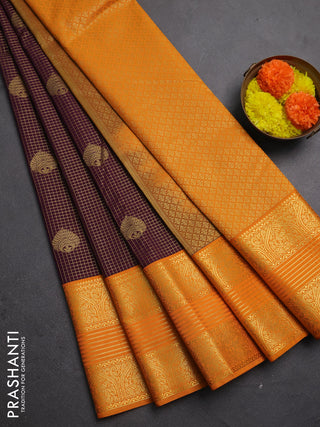Semi kanchipuram silk saree deep wine shade and mustard yellow with allover small zari checks & buttas and zari woven border